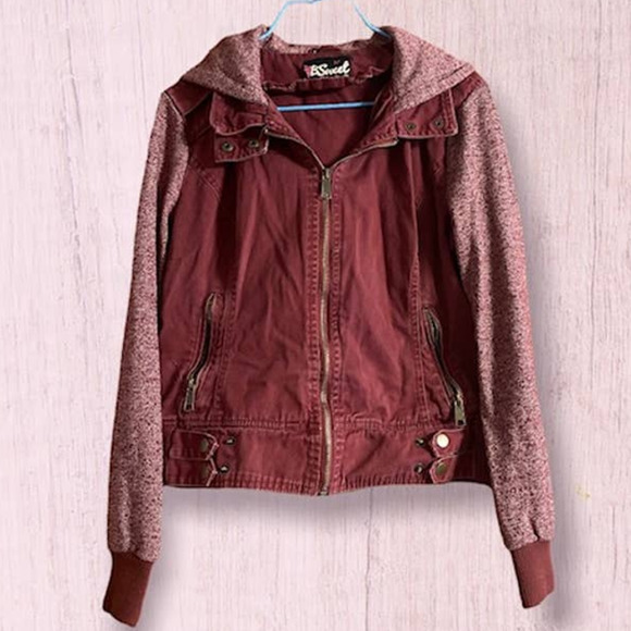 BSweet Womens Burgundy Canvas & Stretch Knit, Zip Front, Hoodie Jacket-Size L - Picture 1 of 4